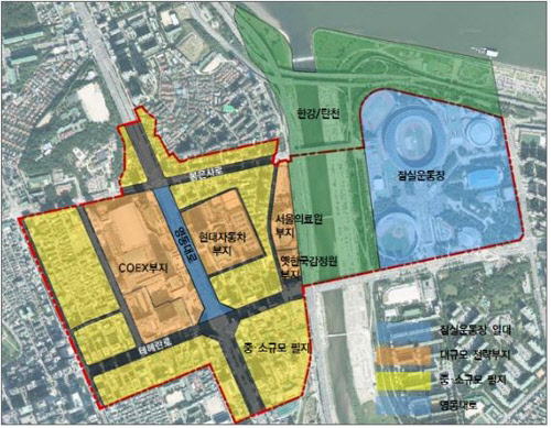 서울시가 코엑스∼현대차 GBC∼잠실운동장 지역의 도시관리 계획을 새로 수립한다. 서울 국제교류복합지구 주요 부지 위치도.<서울시 제공>